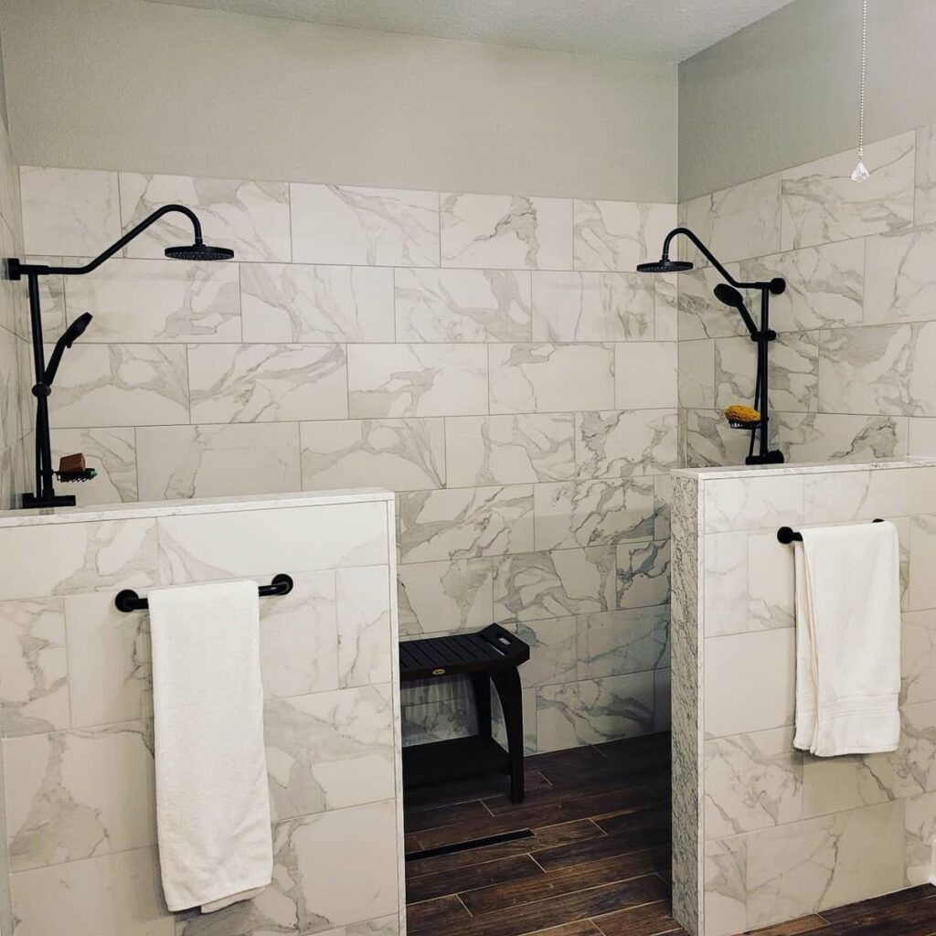 Modern walk-in shower remodel with dual rain showerheads